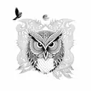 An intricate design featuring a wise owl perched on a branch surrounded by sailor birds tattoo design idea