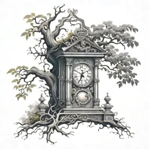 banyan tree and grandfather clock mechanism intertwined tattoo design idea