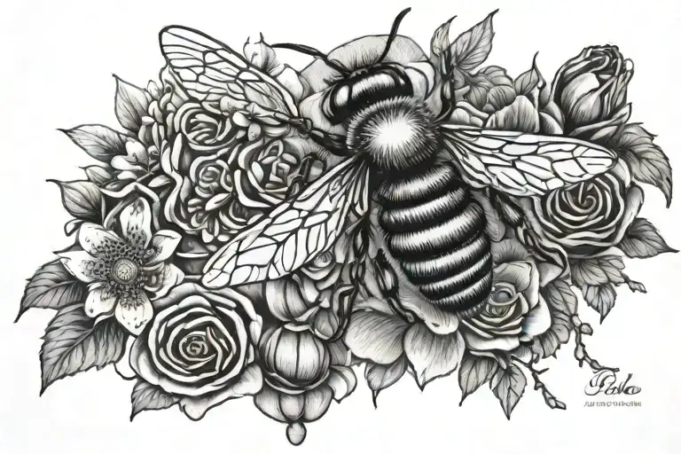 bee, flower, hive tattoo design idea