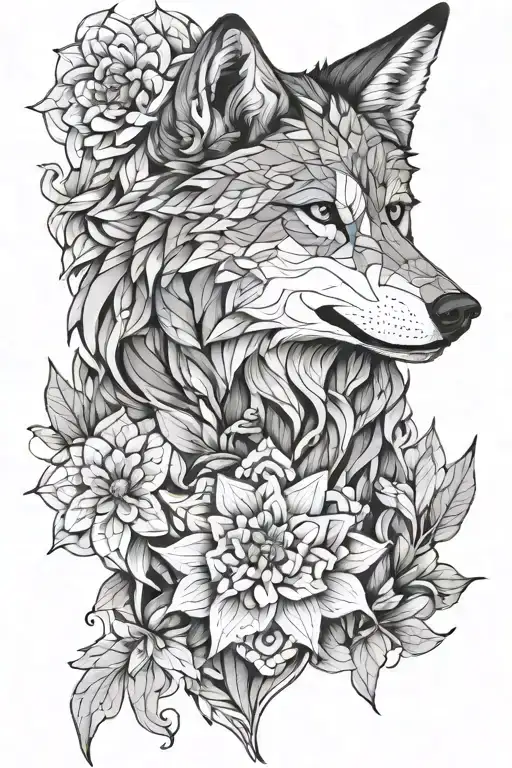 wolf with lily, larkspur and chrysanthemum intertwined  tattoo design idea