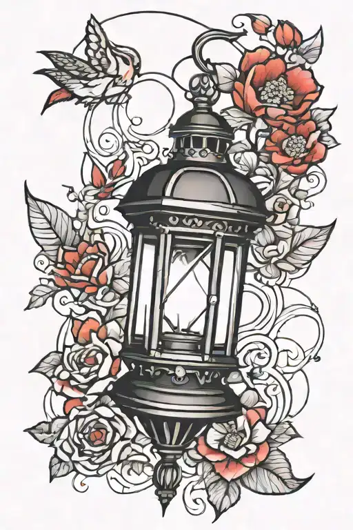 A lantern with the color red in a world of black and white tattoo design idea