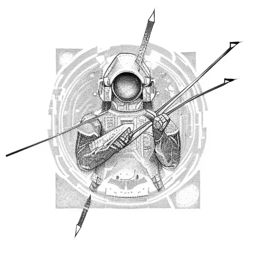 A gamer shooting arrows at pixelated targets in a cosmic landscape tattoo design idea