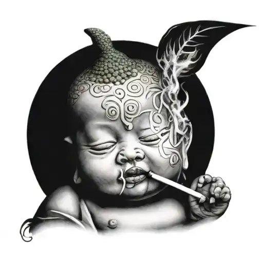 evil baby Buddha smoking weed tattoo design idea