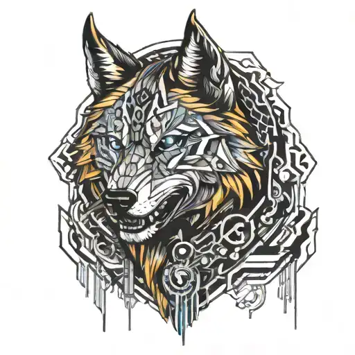 angry Wolf head with broken chains on the neck tattoo design idea