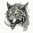 angry Wolf head with broken chains on the neck tattoo design idea