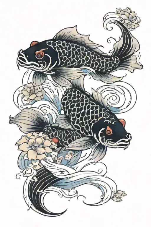 black koi going up and red koi going down with blue lotus flowers and white waves coming from top to bottom tattoo design idea