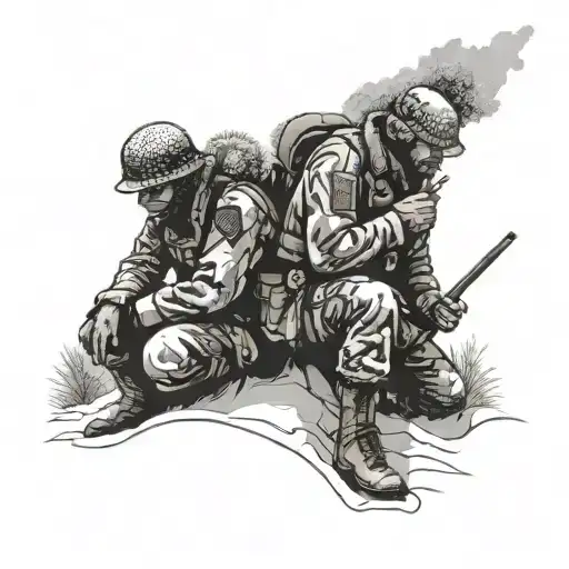 3 estonian soliders under pines in knee deep snow lighting a cigarette on a hill, sun rising behind them, snow glistenin tattoo design idea