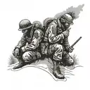 3 estonian soliders under pines in knee deep snow lighting a cigarette on a hill, sun rising behind them, snow glistenin tattoo design idea