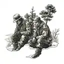 3 estonian soliders under pines in knee deep snow lighting a cigarette on a hill, sun rising behind them, snow glistenin tattoo design idea