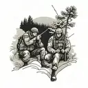 3 estonian soliders under pines in knee deep snow lighting a cigarette on a hill, sun rising behind them, snow glistenin tattoo design idea