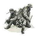 3 estonian soliders under pines in knee deep snow lighting a cigarette on a hill, sun rising behind them, snow glistenin tattoo design idea