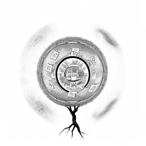 A black-grey tattoo of a family tree with money leaves and a globe as the roots tattoo design idea