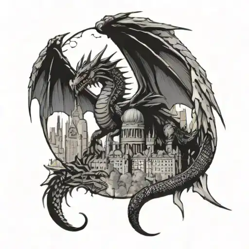 dragon and London Skyline tattoo design idea