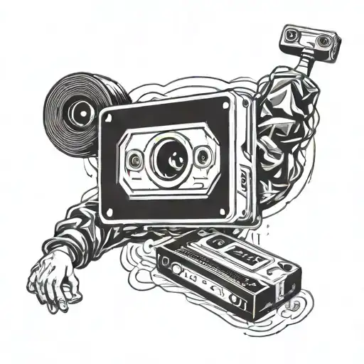 A stylized cassette tape with a breakdancer performing a headspin on top tattoo design idea
