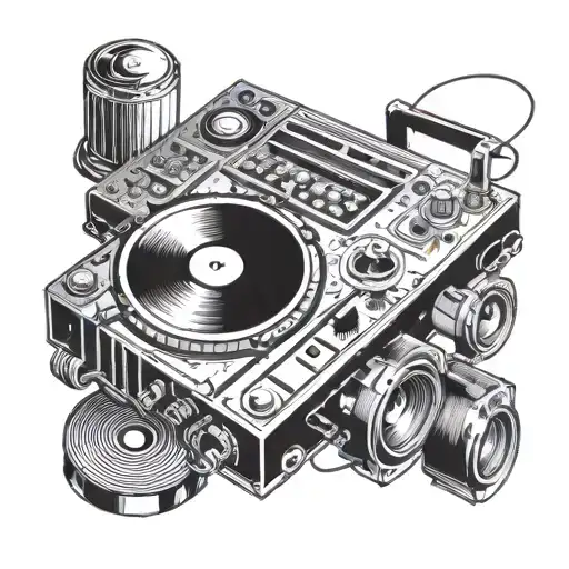 Incorporate iconic hiphop symbols like turntables, microphones, and boomboxes into a dynamic design tattoo design idea