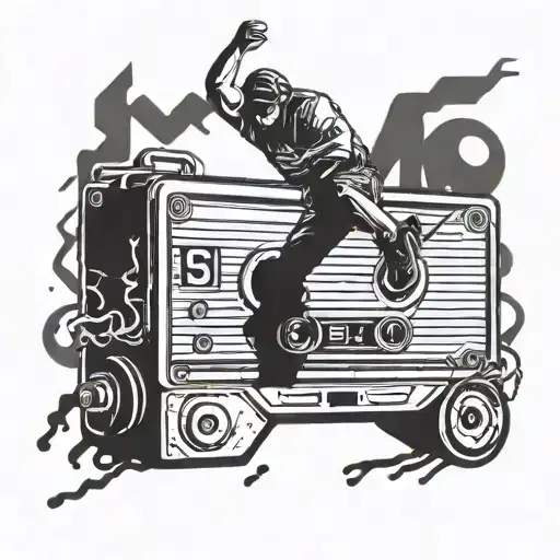 A stylized cassette tape with a breakdancer performing a headspin on top tattoo design idea