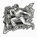 A stylized cassette tape with a breakdancer performing a headspin on top tattoo design idea