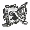 A stylized cassette tape with a breakdancer performing a headspin on top tattoo design idea