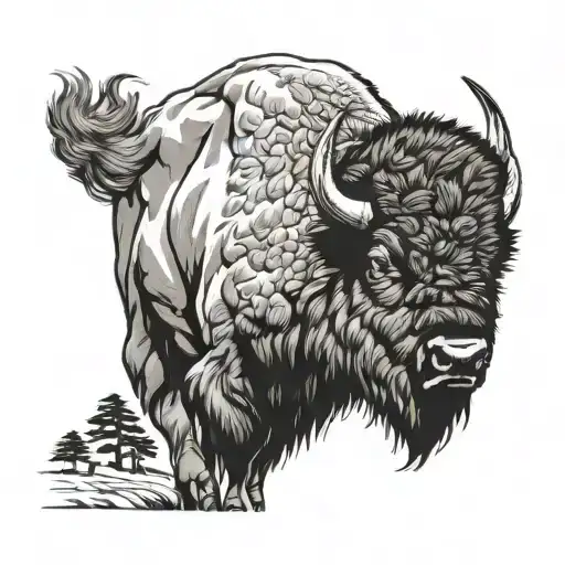 a Bison with its head turned toward the viewer. The bison should be on a narrow path, blocking the path. tattoo design idea