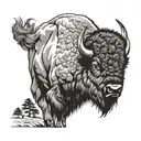 a Bison with its head turned toward the viewer. The bison should be on a narrow path, blocking the path. tattoo design idea
