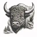 a Bison with its head turned toward the viewer. The bison should be on a narrow path, blocking the path. tattoo design idea