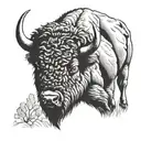 a Bison with its head turned toward the viewer. The bison should be on a narrow path, blocking the path. tattoo design idea