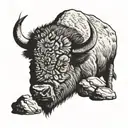 a Bison with its head turned toward the viewer. The bison should be on a narrow path, blocking the path. tattoo design idea
