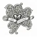 two hearts intertwined with letters m and b, curved font, fineline tattoo design idea