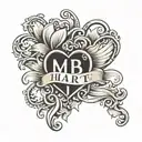 two hearts intertwined with letters m and b, curved font, fineline tattoo design idea