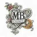 two hearts intertwined with letters m and b, curved font, fineline tattoo design idea