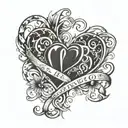 two hearts intertwined with letters m and b, curved font, fineline tattoo design idea