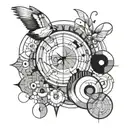 An abstract design incorporating elements from Tori Amos' album covers in a cohesive composition tattoo design idea