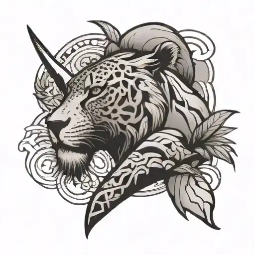 Safari themed arm sleeve tattoo in black and gray tattoo design idea