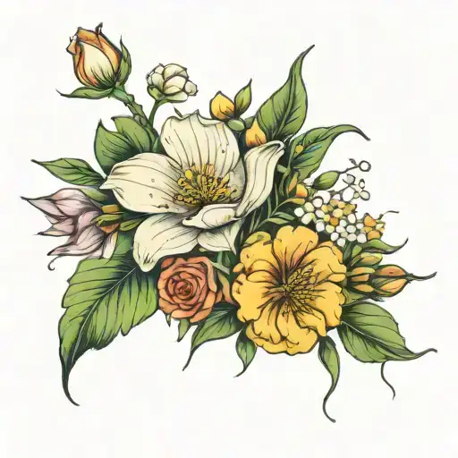 lilys of the valley, roses and cosmos with a stem from bottom  tattoo design idea