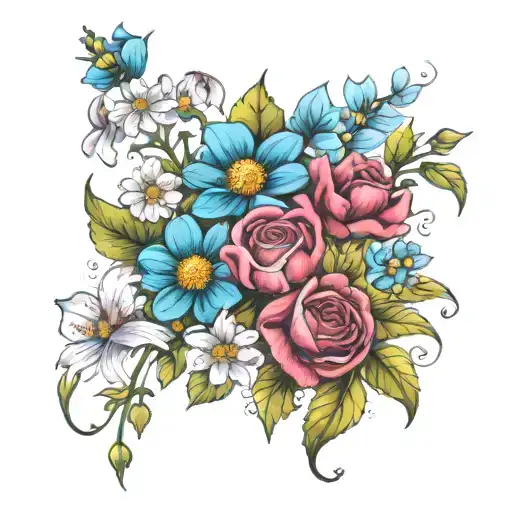 lilys of the valley, roses and cosmos with a stem growing tattoo design idea