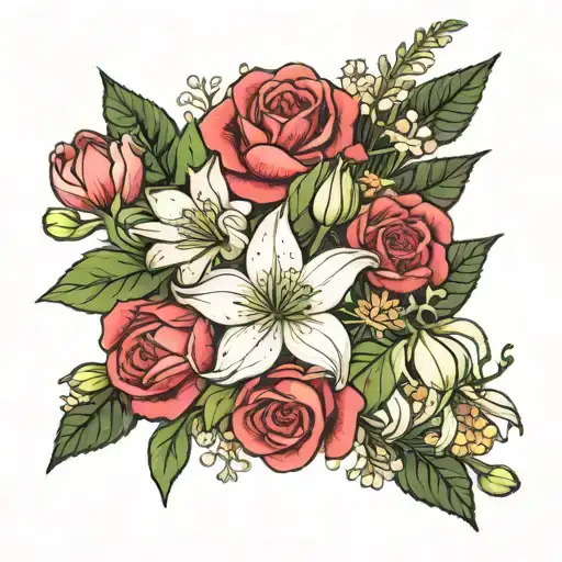 bouqet of roses, lily of the valleys and cosmos flower tattoo design idea