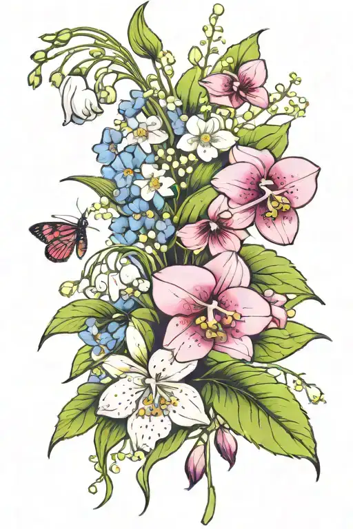 lily of the valley,violets and cosmos with pedical   tattoo design idea
