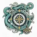 compass rose, chain, anchor, waves, jellyfish tattoo design idea