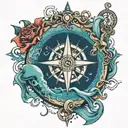 compass rose, chain, anchor, waves, jellyfish tattoo design idea