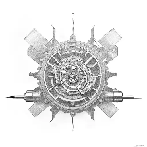 A dotwork tattoo of a mechanical gear merging with a paintbrush, symbolizing the fusion of automotive mechanics and painting tattoo design idea