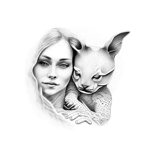 A dotwork tattoo of a mother and child holding hands, surrounded by various animal silhouettes tattoo design idea