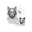 A dotwork tattoo of a mother and child holding hands, surrounded by various animal silhouettes tattoo design idea