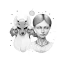 A dotwork tattoo of a mother and child holding hands, surrounded by various animal silhouettes tattoo design idea