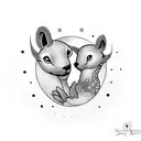 A dotwork tattoo of a mother and child holding hands, surrounded by various animal silhouettes tattoo design idea