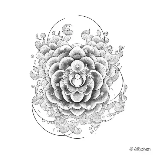 A dotwork tattoo of a moon surrounded by blooming flowers, representing the cyclical nature of emotions and growth tattoo design idea