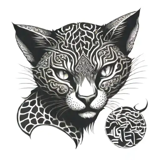 A dotwork tattoo of a majestic feline anime character in a traditional Japanese yakuza pose tattoo design idea