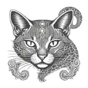 A dotwork tattoo of a mysterious manga cat with glowing eyes, surrounded by swirling Japanese yakuza motifs tattoo design idea