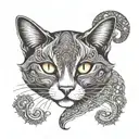 A dotwork tattoo of a mysterious manga cat with glowing eyes, surrounded by swirling Japanese yakuza motifs tattoo design idea