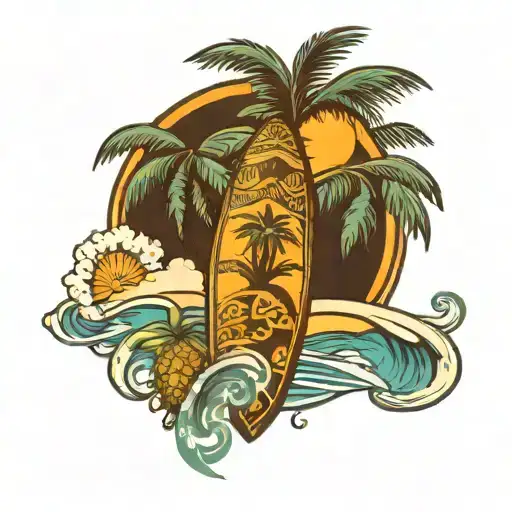 palm tree, sun, wave, pineapple, coconut, sea turtle and surf board  tattoo design idea