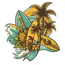 palm tree, sun, wave, pineapple, coconut, sea turtle and surf board  tattoo design idea